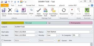 Dummy task created in Outlook to transfer categories to MindManager