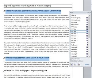 The style list in Word with headings with the MM Topic 1 style selected