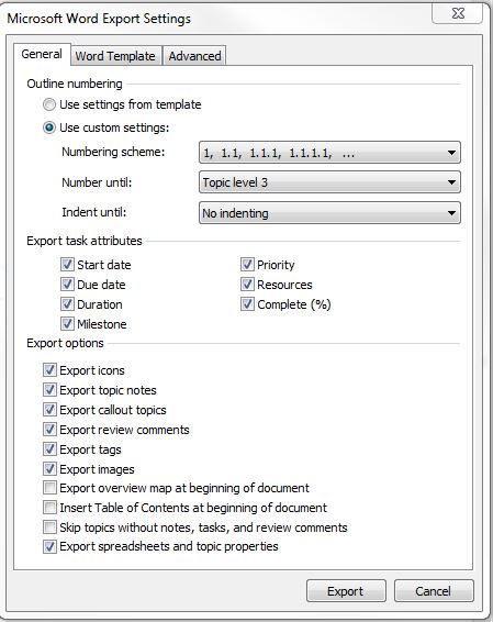 MM Word export options